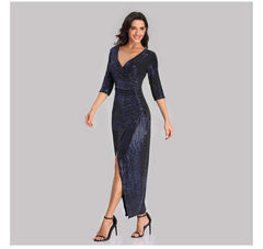 Fashion Paillette Three quarter sleeve V neck Evening Dresses