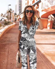 Fashion Print V neck Short sleeve Jumpsuits
