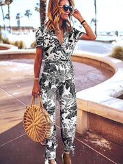 Fashion Print V neck Short sleeve Jumpsuits