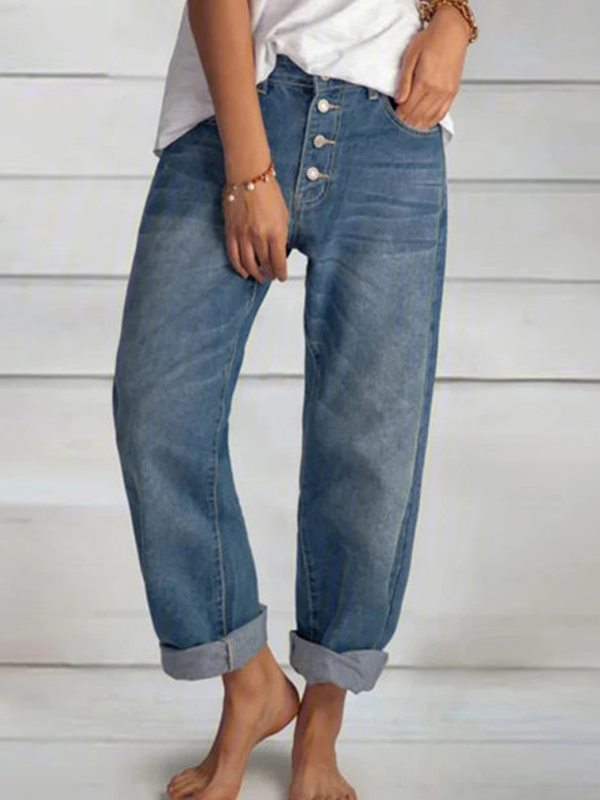 Women casual button design long pants blue denim jeans