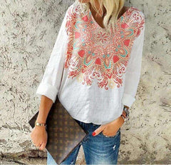 Casual Loose Print V neck Long sleeve T-Shirts