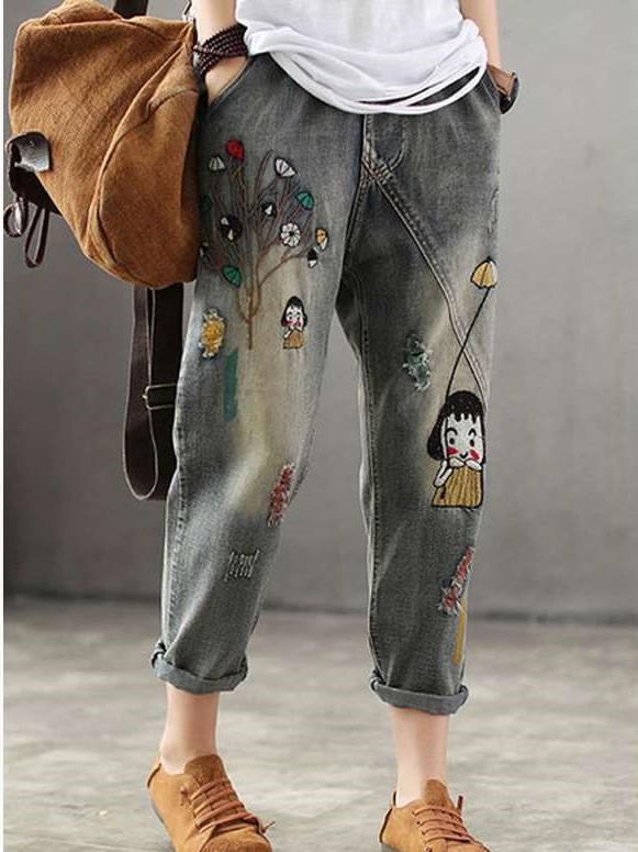 Casual Loose  Embroider Women Jeans Pants