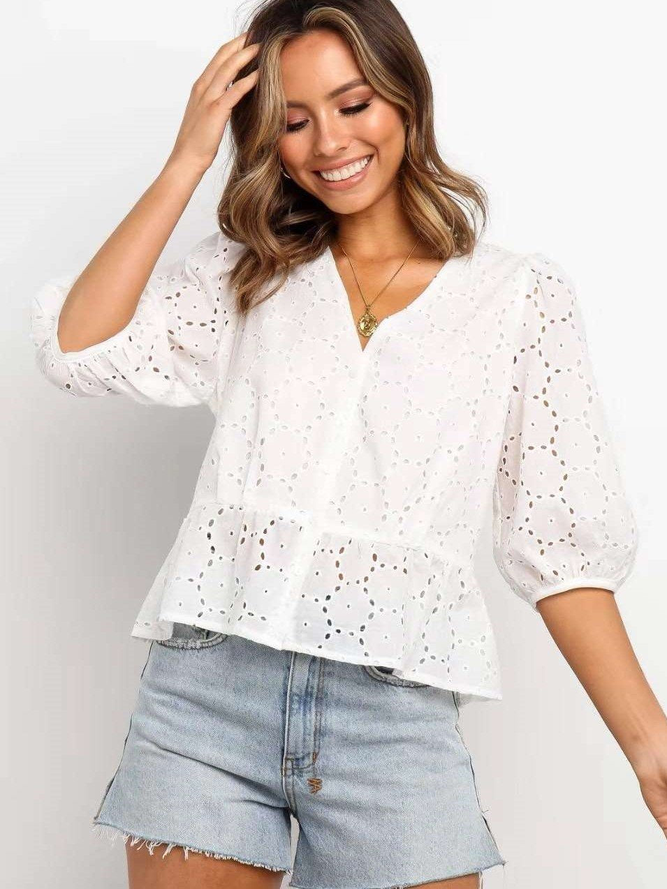 Pure V neck Hollow out Three quarter sleeve Blouses