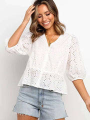Pure V neck Hollow out Three quarter sleeve Blouses