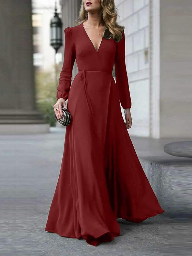 Pure V neck Long sleeve Lacing Skater Maxi Dresses