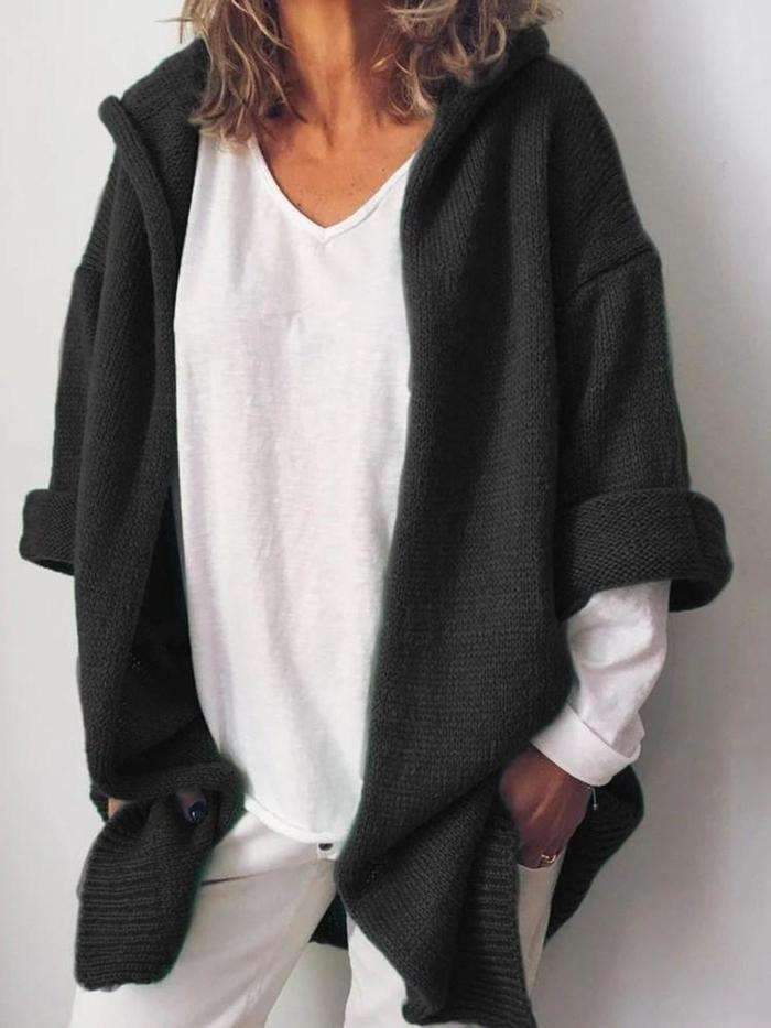 Casual Pure Hoodies Knit Long sleeve Cardigan Sweaters