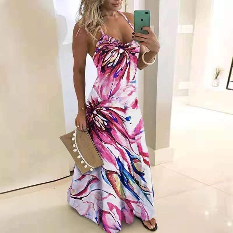 Sexy V neck Vest Print Maxi Dresses