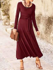Fashion Pure Round neck Long sleeve Tee Lacing Maxi Dresses