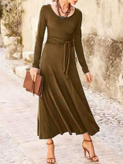 Fashion Pure Round neck Long sleeve Tee Lacing Maxi Dresses