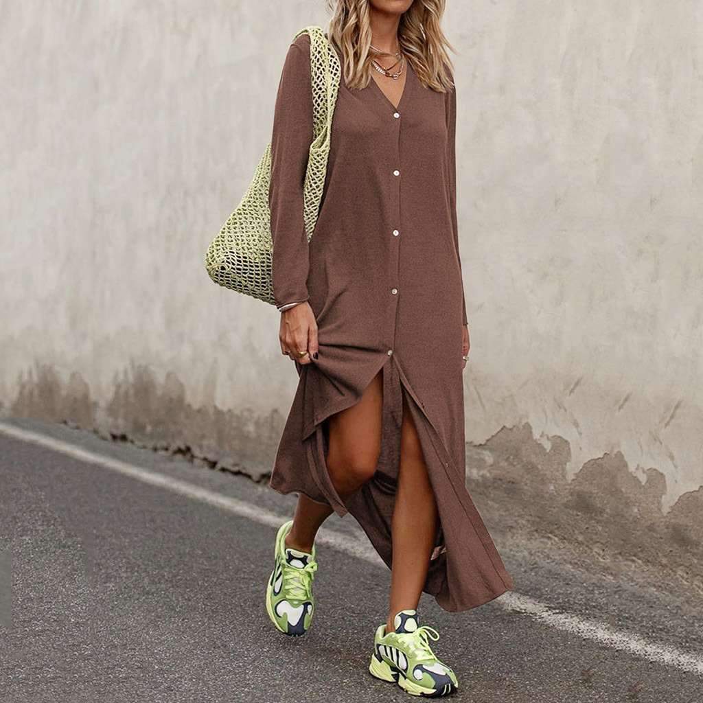 Fashion Loose V neck Long sleeve Pure Blouse Maxi Dresses