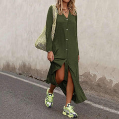 Fashion Loose V neck Long sleeve Pure Blouse Maxi Dresses