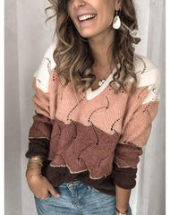 Casual Loose Gored V neck Hollow out Long sleeve Sweaters