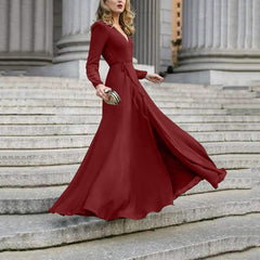 Pure V neck Long sleeve Lacing Skater Maxi Dresses