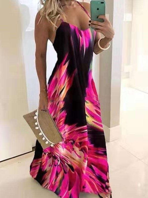 Sexy V neck Vest Print Maxi Dresses