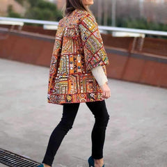 Fashion Print Round neck Three quarter sleeve Coats