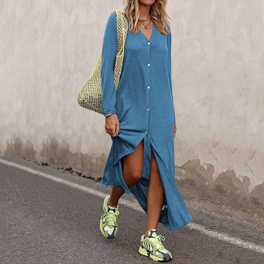 Fashion Loose V neck Long sleeve Pure Blouse Maxi Dresses