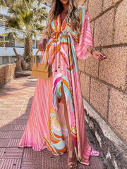 Romatic V neck printed special vacation dresses maxi dresses