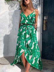 Casual Floral print V neck Vest Lacing Skater Dresses