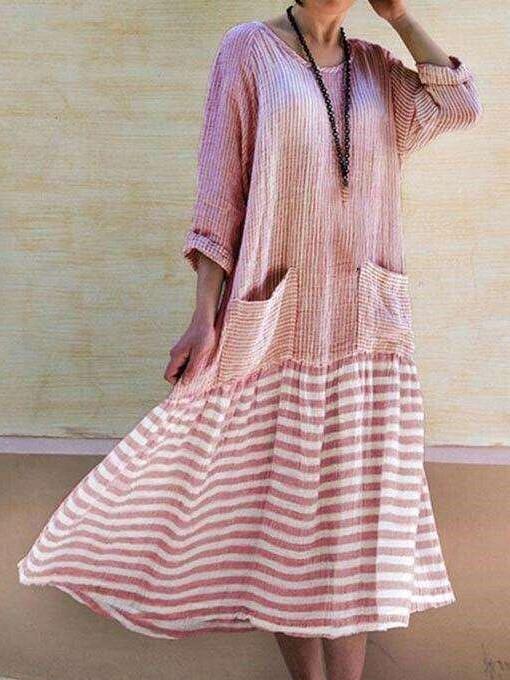 Casual Gored Stripe Round neck Long sleeve Pocket Maxi Dresses