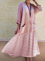 Casual Gored Stripe Round neck Long sleeve Pocket Maxi Dresses