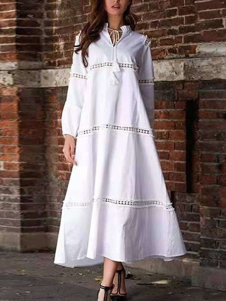 Fashion Pure V neck Hollow out Gored Long sleeve Maxi Dresses