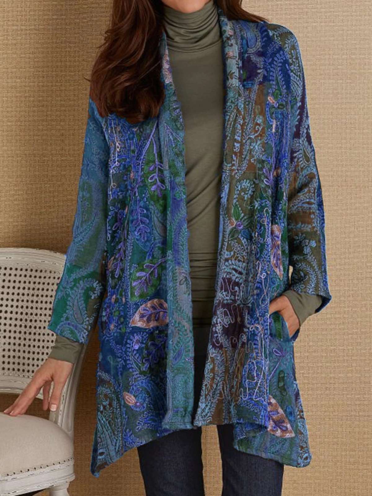 Casual Retro print Long sleeve Cardigan