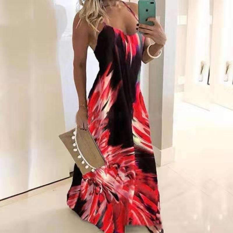 Sexy V neck Vest Print Maxi Dresses