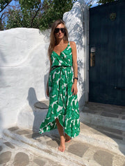 Casual Floral print V neck Vest Lacing Skater Dresses