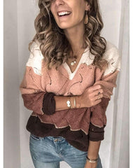 Casual Loose Gored V neck Hollow out Long sleeve Sweaters