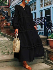 Fashion Pure V neck Hollow out Gored Long sleeve Maxi Dresses