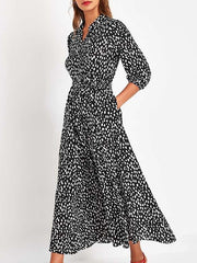 Fashion Point Print Lapel Lacing Pocket Maxi Dresses