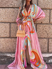 Romatic V neck printed special vacation dresses maxi dresses