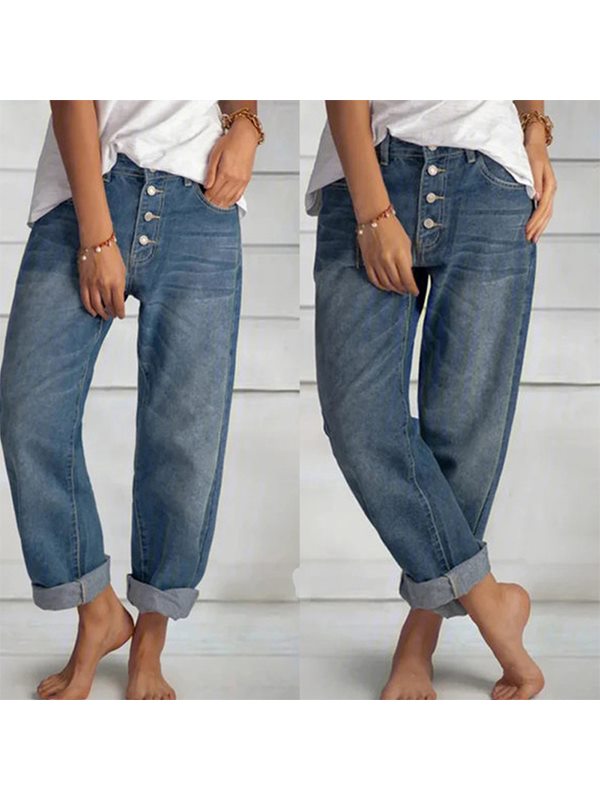 Women casual button design long pants blue denim jeans