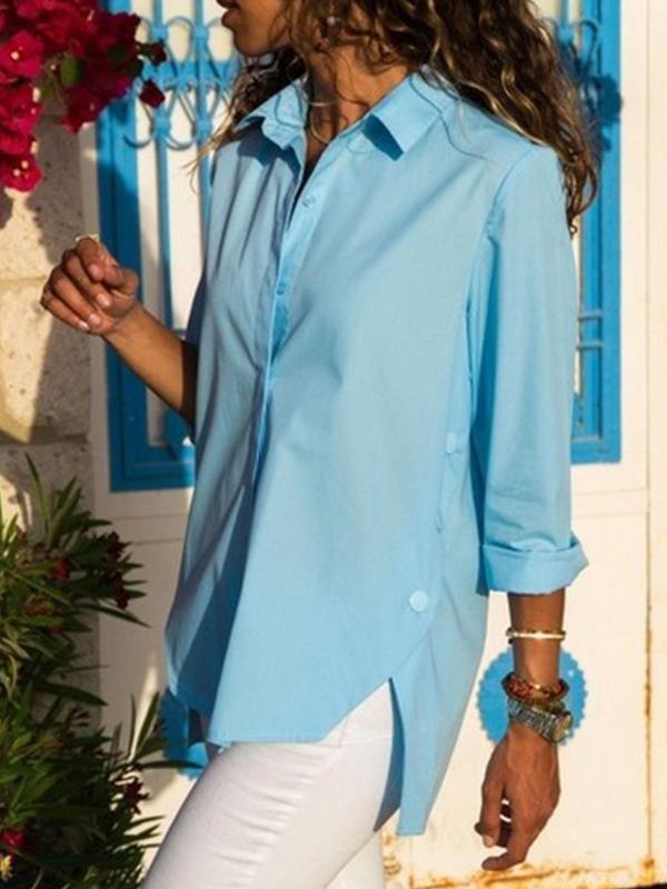 Women Casual Turn down collar Plain Long Sleeve Blouses