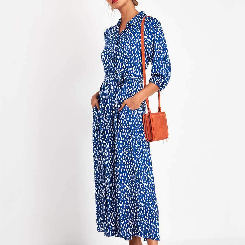 Fashion Point Print Lapel Lacing Pocket Maxi Dresses