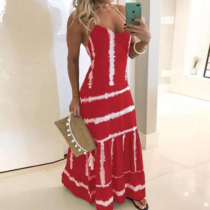 Sexy V neck Vest Print Maxi Dresses