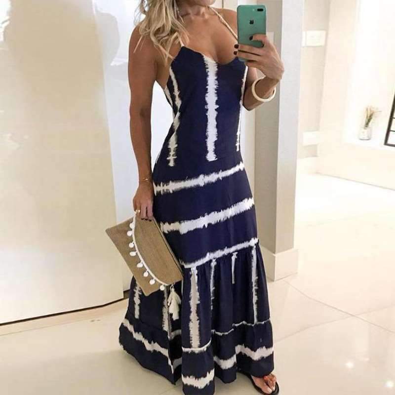 Sexy V neck Vest Print Maxi Dresses