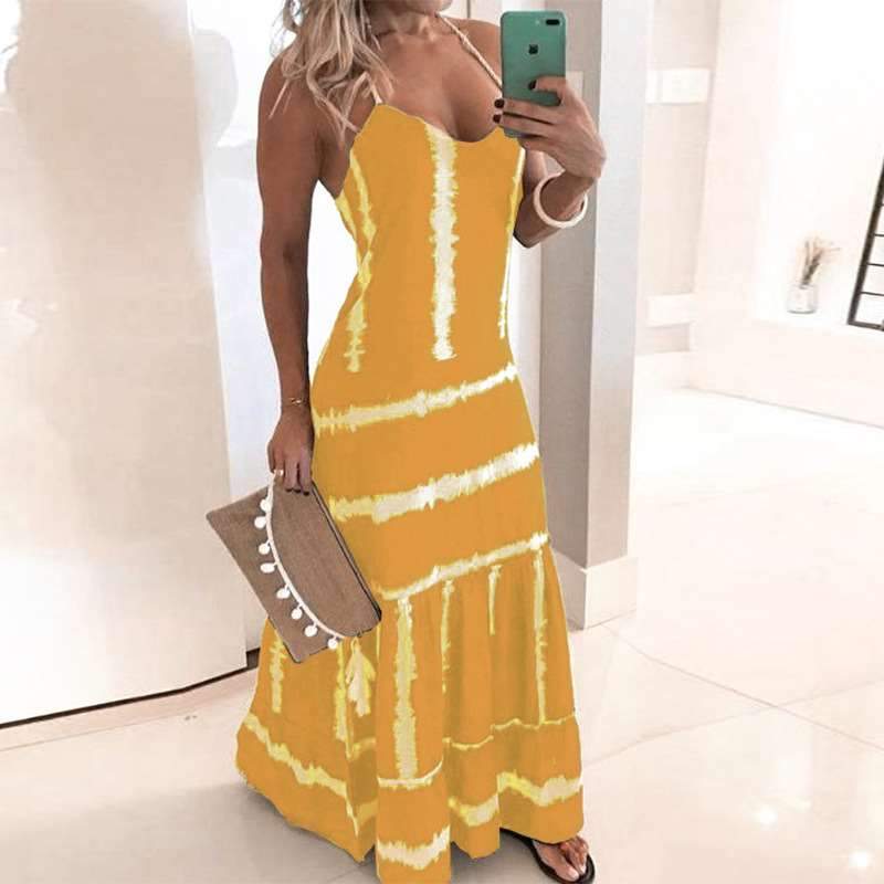 Sexy V neck Vest Print Maxi Dresses