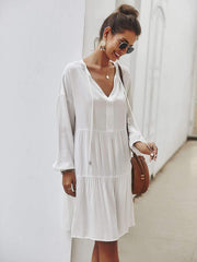 Fashion Pure V neck Lacing Long sleeve Shift Dresses
