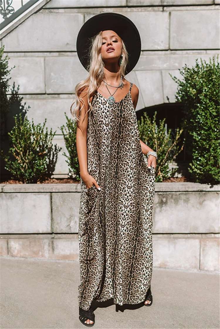 Fashion Leopard print V neck Vest Maxi Dresses