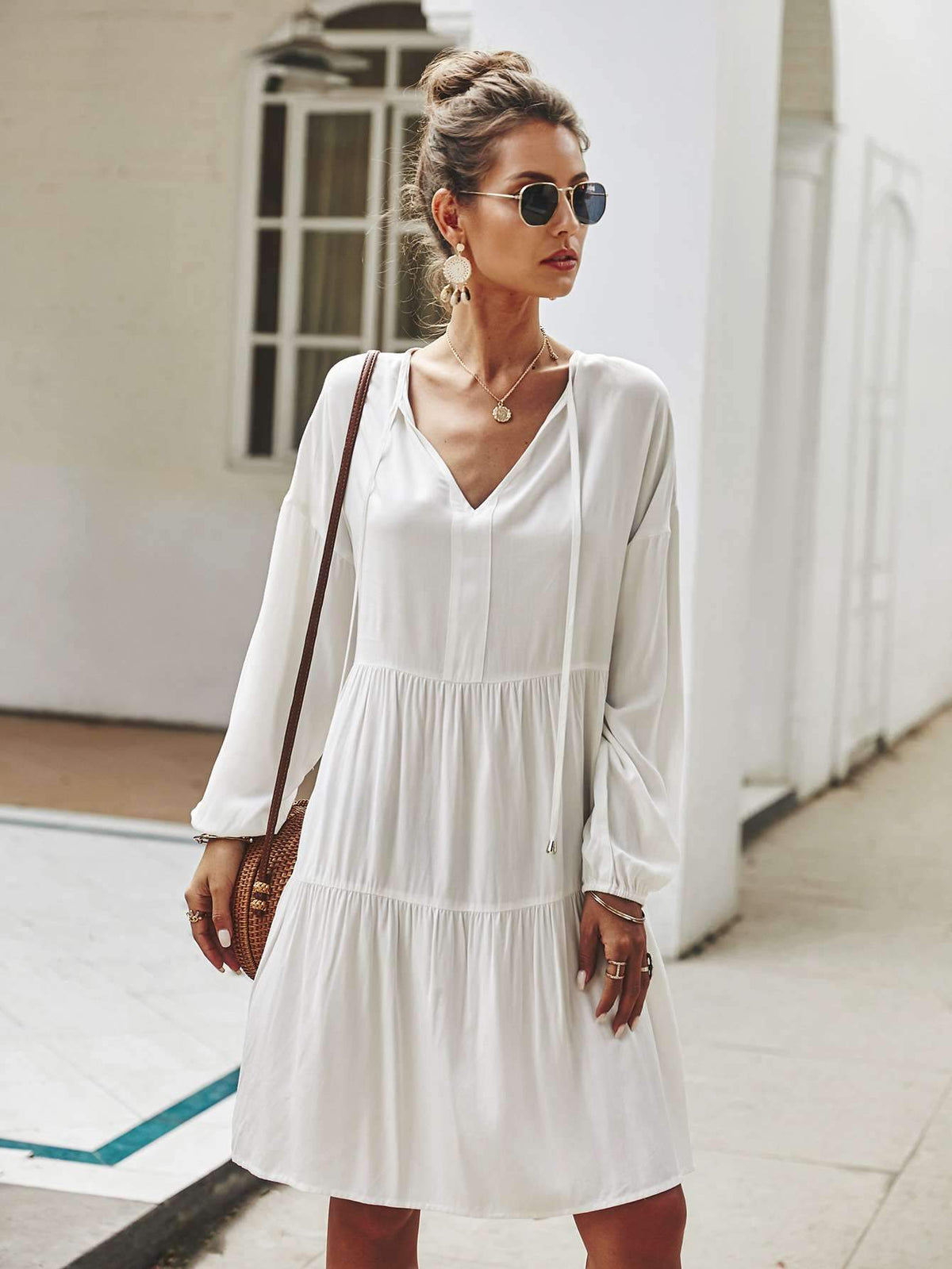 Fashion Pure V neck Lacing Long sleeve Shift Dresses