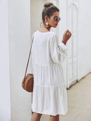 Fashion Pure V neck Lacing Long sleeve Shift Dresses