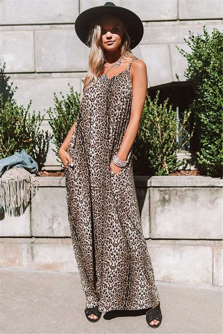 Fashion Leopard print V neck Vest Maxi Dresses