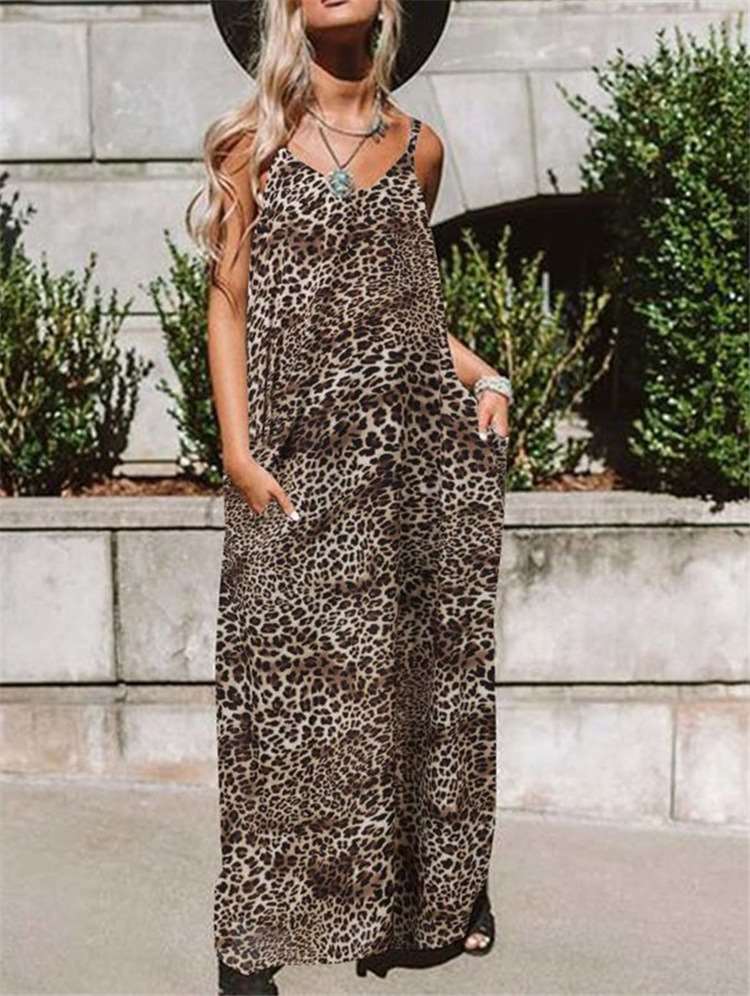 Fashion Leopard print V neck Vest Maxi Dresses