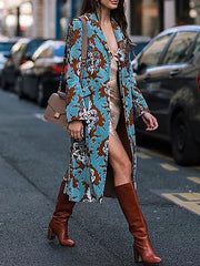 Women elegant long big lapel printed coats