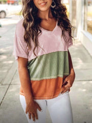 Casual Loose Stripe Gored V neck Short sleeve T-Shirts