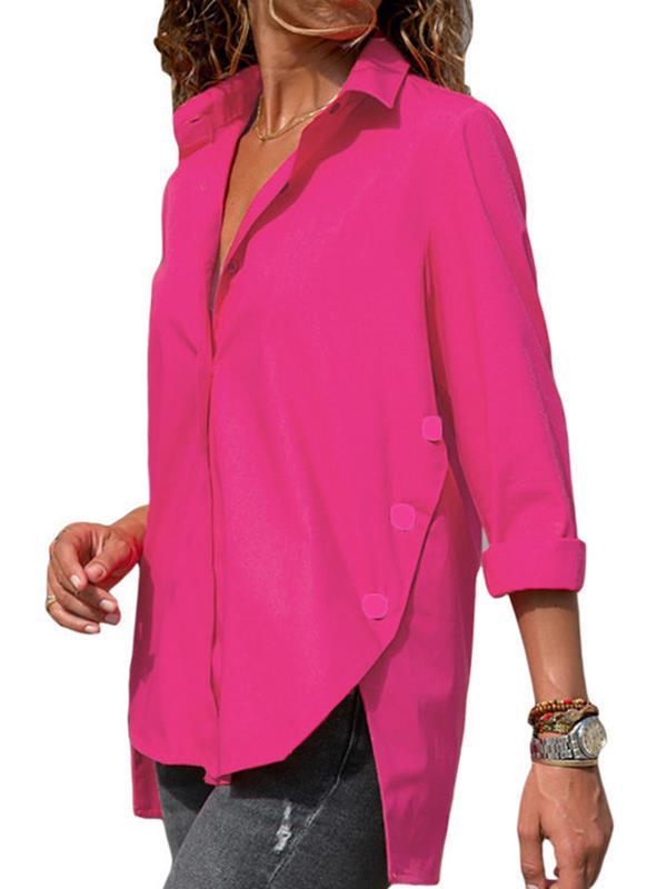 Women Casual Turn down collar Plain Long Sleeve Blouses