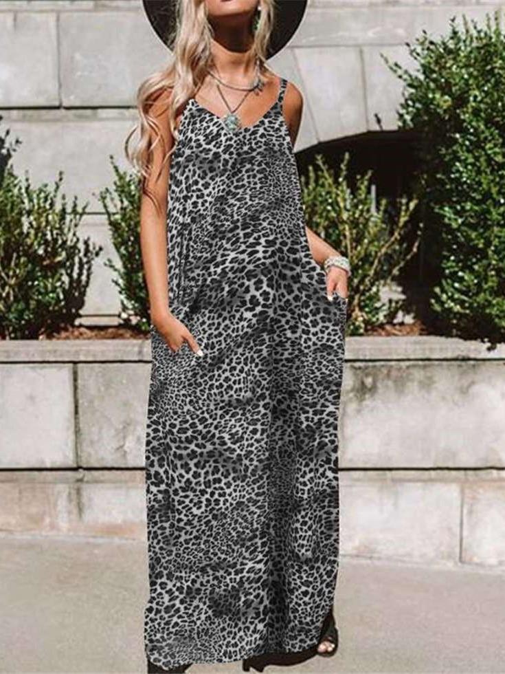 Fashion Leopard print V neck Vest Maxi Dresses