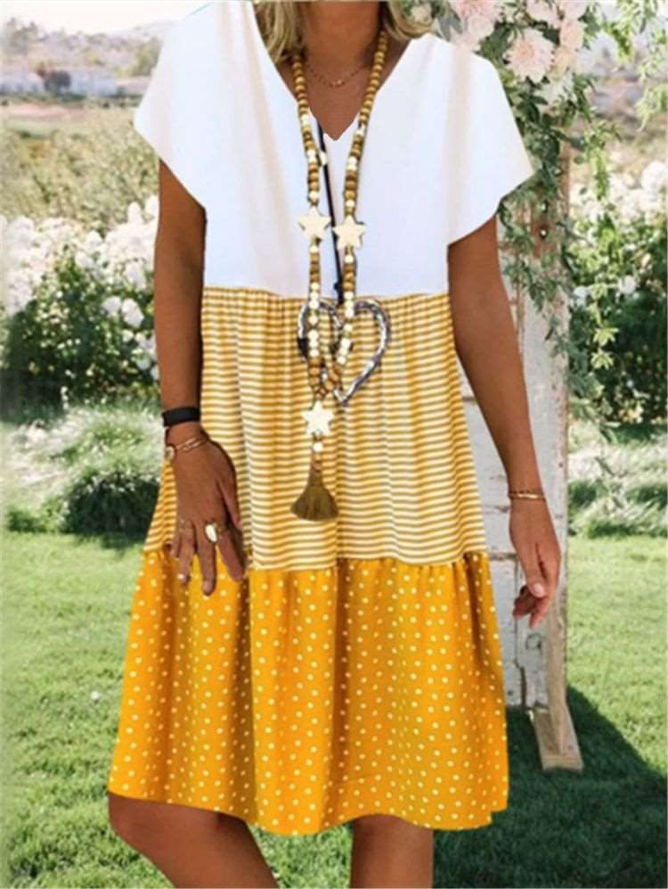 Casual Gored V neck Short sleeve Shift Dresses