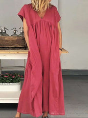 Casual Loose Pure V neck Short sleeve Gored Pocket Maxi Dresses